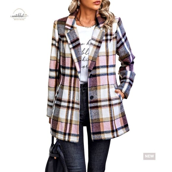 Jackets & Blazers - Plaid Shacket Jacket Trendy Fall Casual Button Wool Blend Trench Coat Winter